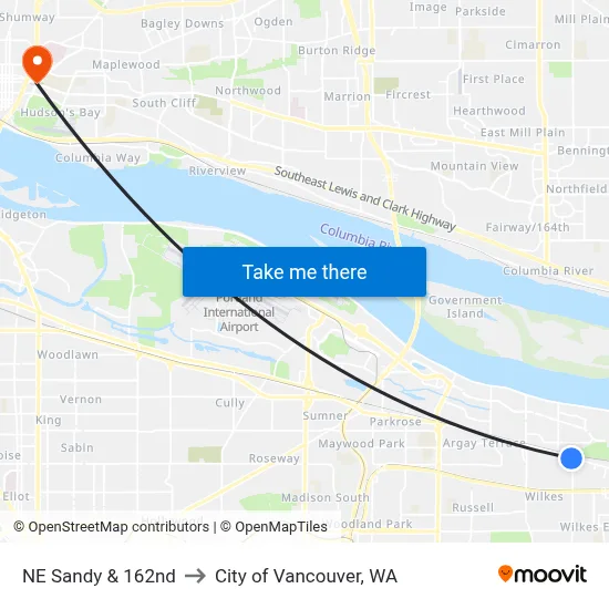NE Sandy & 162nd to City of Vancouver, WA map