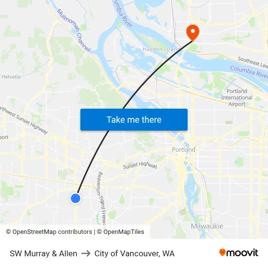 SW Murray & Allen to City of Vancouver, WA map