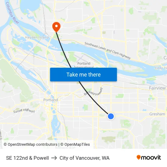 SE 122nd & Powell to City of Vancouver, WA map