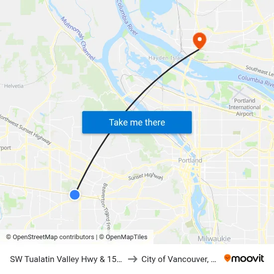 SW Tualatin Valley Hwy & 153rd to City of Vancouver, WA map