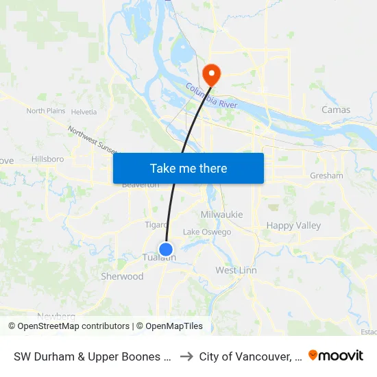 SW Durham & Upper Boones Ferry to City of Vancouver, WA map
