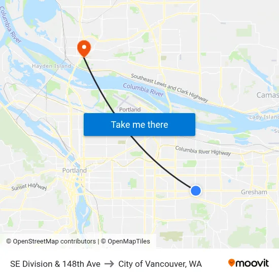 SE Division & 148th Ave to City of Vancouver, WA map
