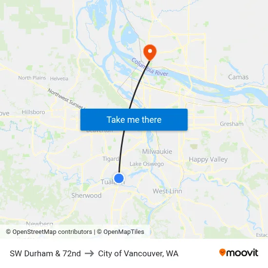 SW Durham & 72nd to City of Vancouver, WA map