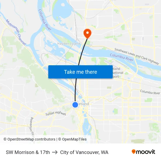 SW Morrison & 17th to City of Vancouver, WA map