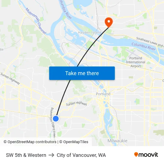 SW 5th & Western to City of Vancouver, WA map