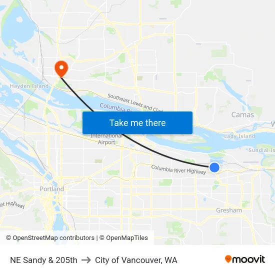 NE Sandy & 205th to City of Vancouver, WA map