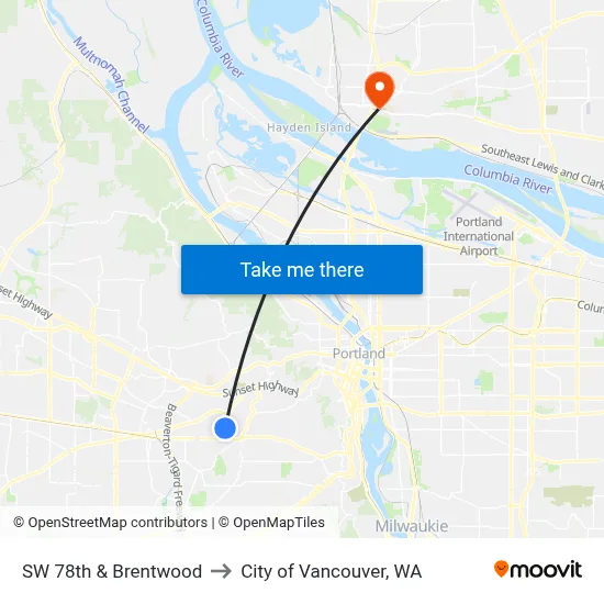 SW 78th & Brentwood to City of Vancouver, WA map