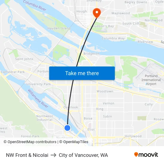 NW Front & Nicolai to City of Vancouver, WA map