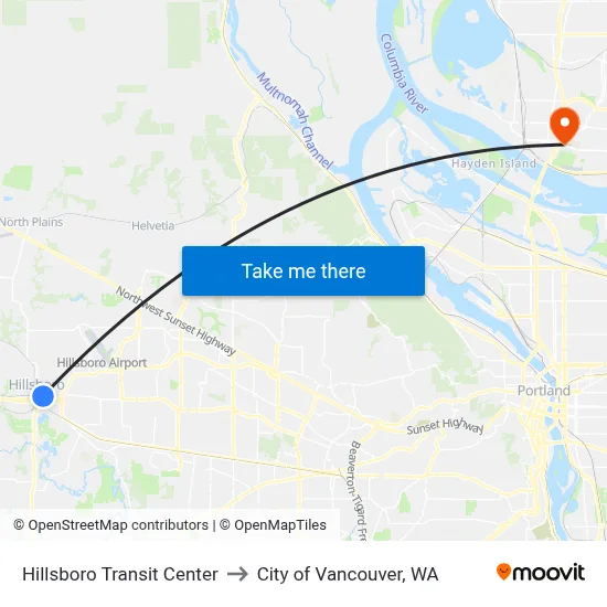 Hillsboro Transit Center to City of Vancouver, WA map