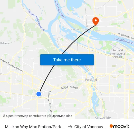 Millikan Way Max Station/Park And Ride to City of Vancouver, WA map