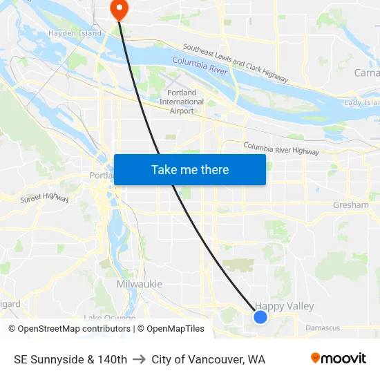 SE Sunnyside & 140th to City of Vancouver, WA map