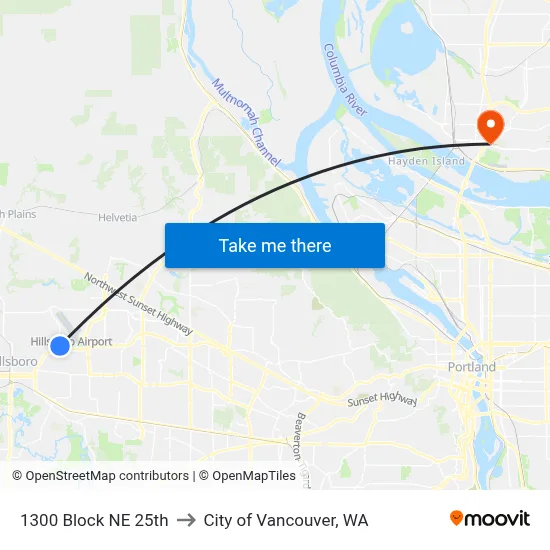 1300 Block NE 25th to City of Vancouver, WA map