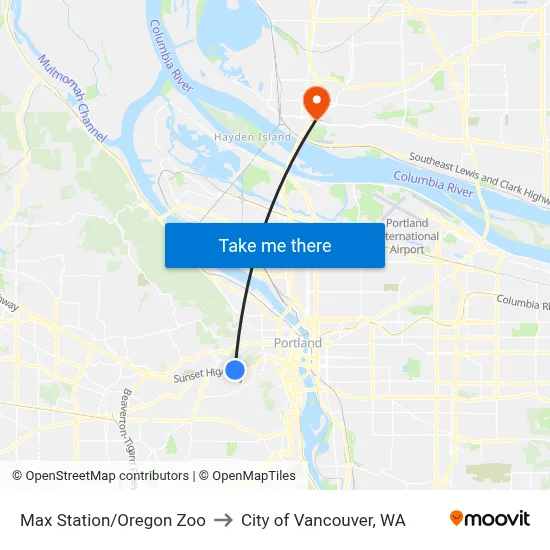 Max Station/Oregon Zoo to City of Vancouver, WA map