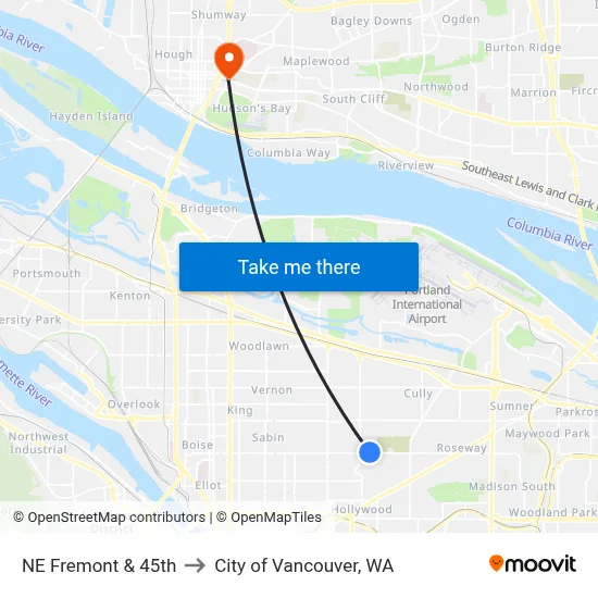NE Fremont & 45th to City of Vancouver, WA map