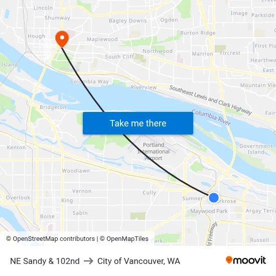 NE Sandy & 102nd to City of Vancouver, WA map