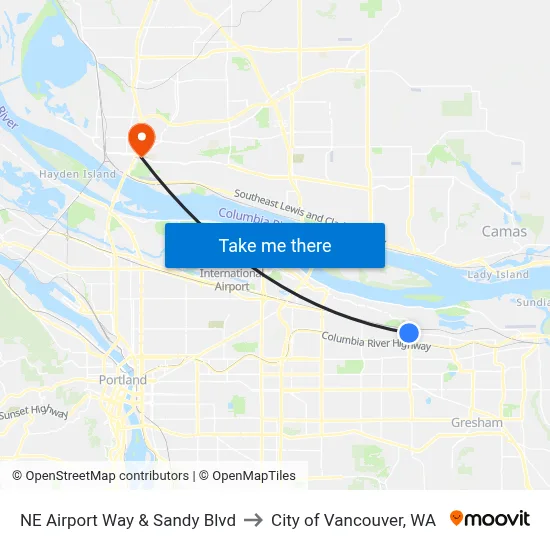 NE Airport Way & Sandy Blvd to City of Vancouver, WA map