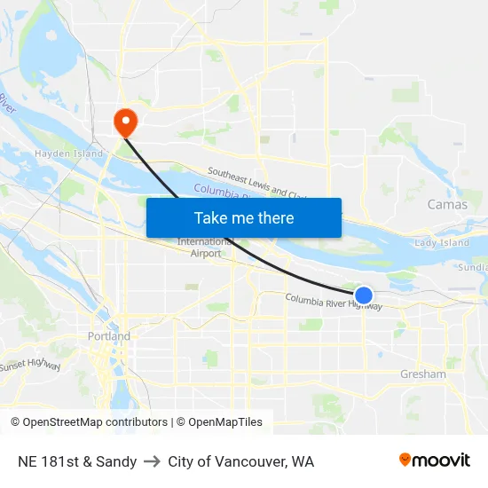 NE 181st & Sandy to City of Vancouver, WA map