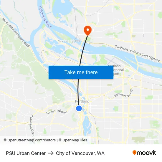 PSU Urban Center to City of Vancouver, WA map