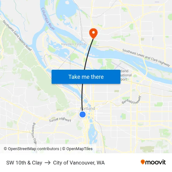 SW 10th & Clay to City of Vancouver, WA map