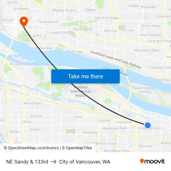 NE Sandy & 133rd to City of Vancouver, WA map