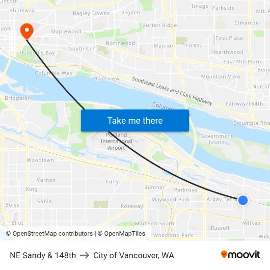 NE Sandy & 148th to City of Vancouver, WA map