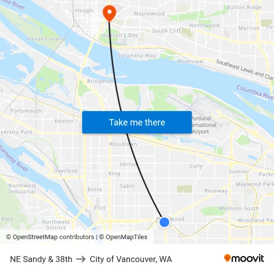 NE Sandy & 38th to City of Vancouver, WA map