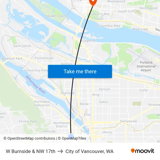 W Burnside & NW 17th to City of Vancouver, WA map