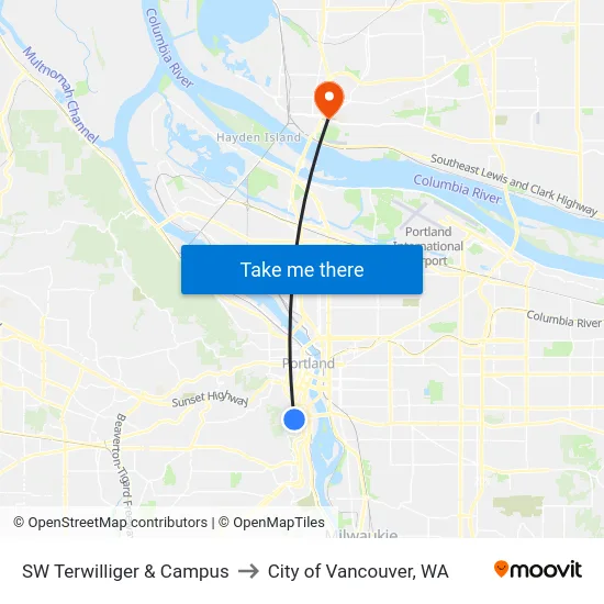 SW Terwilliger & Campus to City of Vancouver, WA map