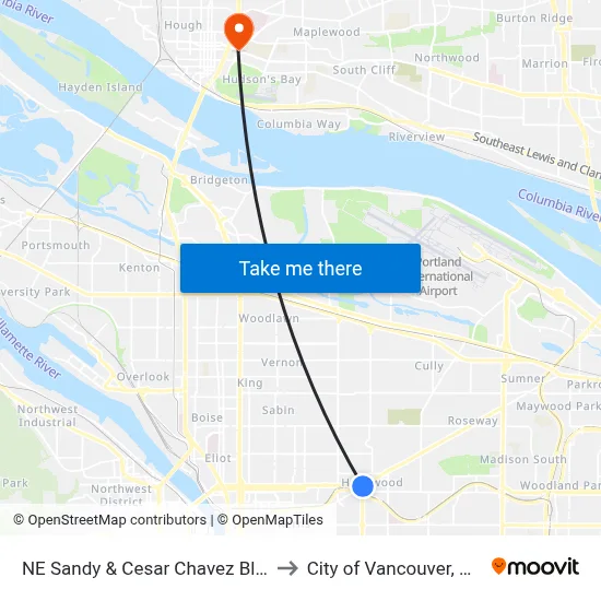 NE Sandy & Cesar Chavez Blvd to City of Vancouver, WA map