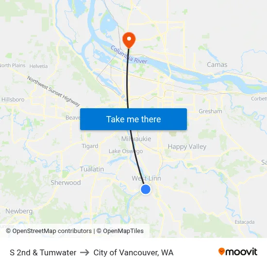 S 2nd & Tumwater to City of Vancouver, WA map