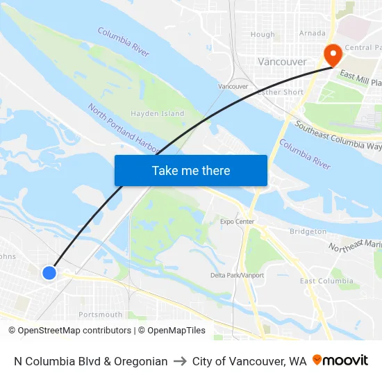 N Columbia Blvd & Oregonian to City of Vancouver, WA map