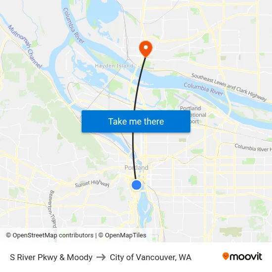 S River Pkwy & Moody to City of Vancouver, WA map