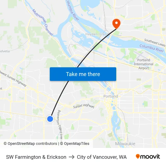 SW Farmington & Erickson to City of Vancouver, WA map