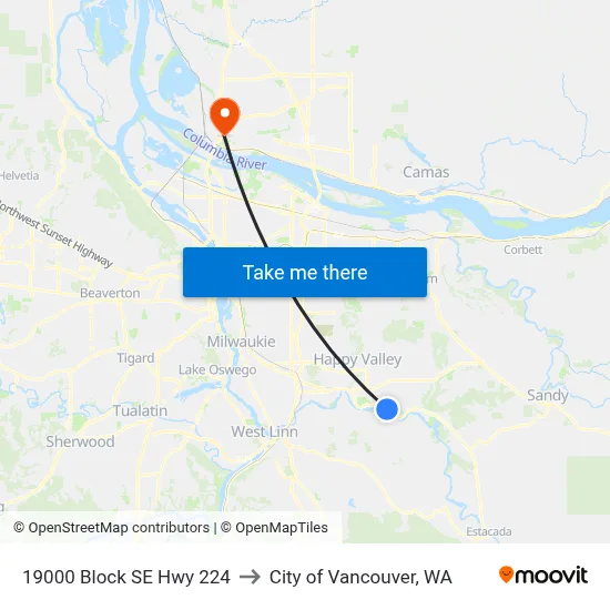 19000 Block SE Hwy 224 to City of Vancouver, WA map