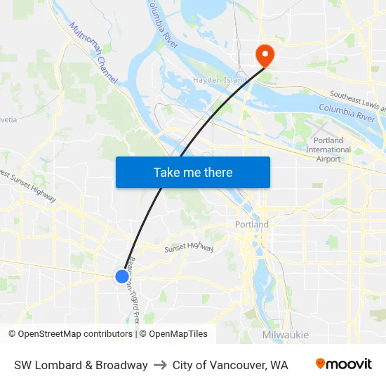 SW Lombard & Broadway to City of Vancouver, WA map