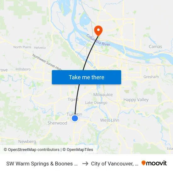 SW Warm Springs & Boones Ferry to City of Vancouver, WA map