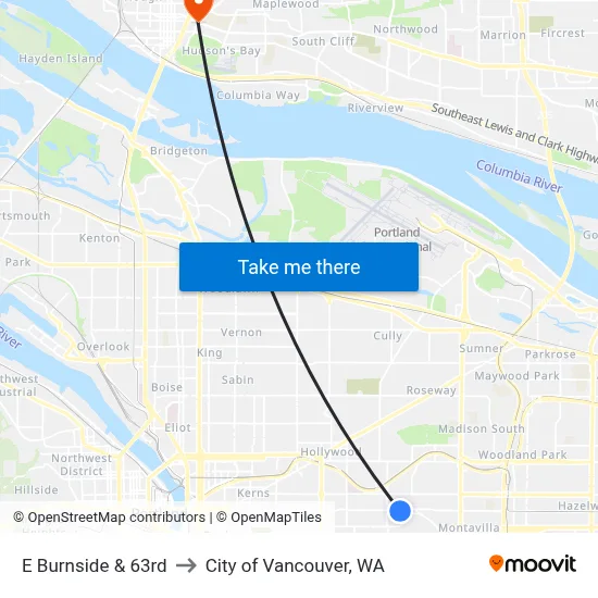 E Burnside & 63rd to City of Vancouver, WA map