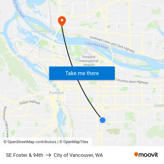 SE Foster & 94th to City of Vancouver, WA map