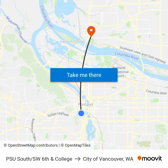 PSU South/SW 6th & College to City of Vancouver, WA map
