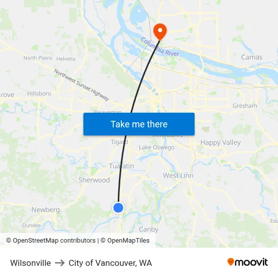 Wilsonville to City of Vancouver, WA map