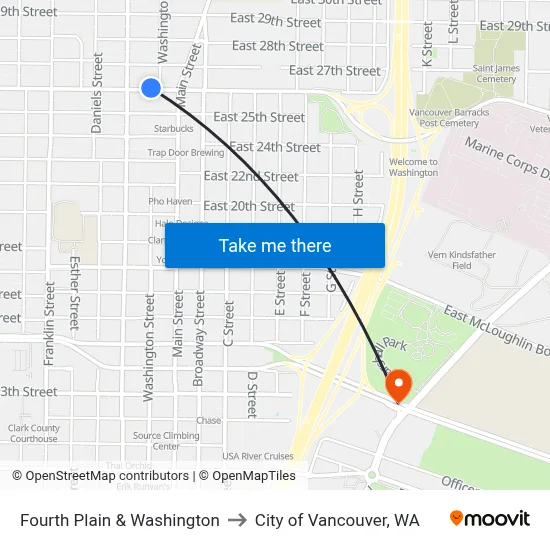 Fourth Plain & Washington to City of Vancouver, WA map