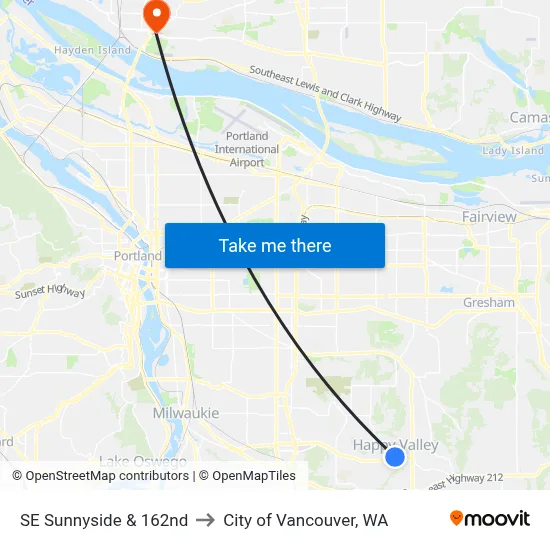 SE Sunnyside & 162nd to City of Vancouver, WA map