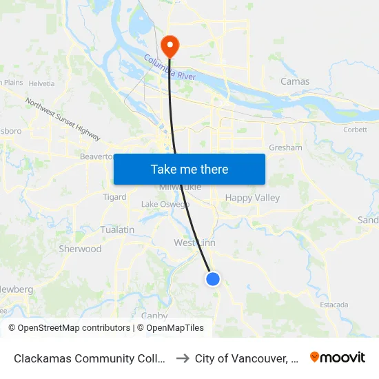 Clackamas Community College to City of Vancouver, WA map