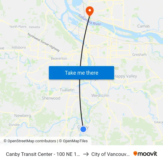 Canby Transit Center - 100 NE 1st Avenue to City of Vancouver, WA map