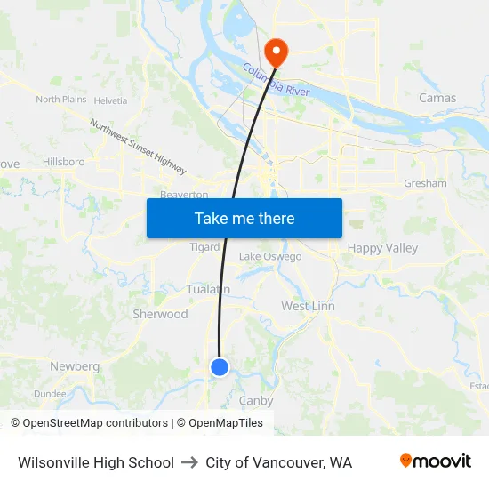 Wilsonville High School to City of Vancouver, WA map
