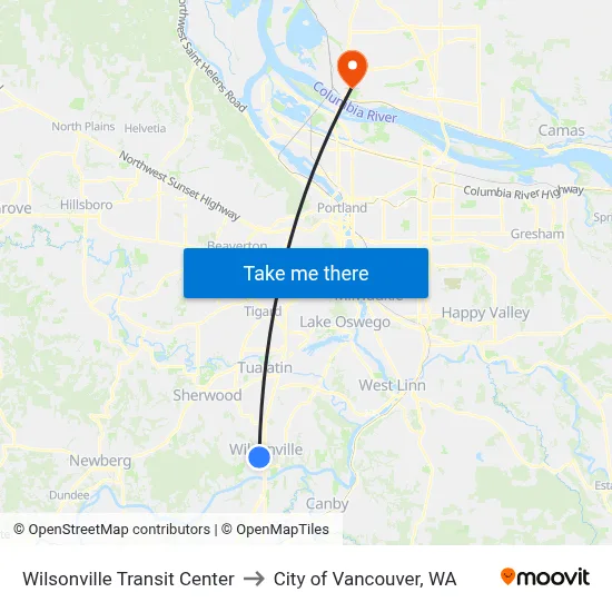 Wilsonville Transit Center to City of Vancouver, WA map