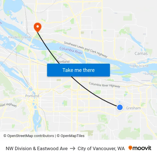 NW Division & Eastwood Ave to City of Vancouver, WA map