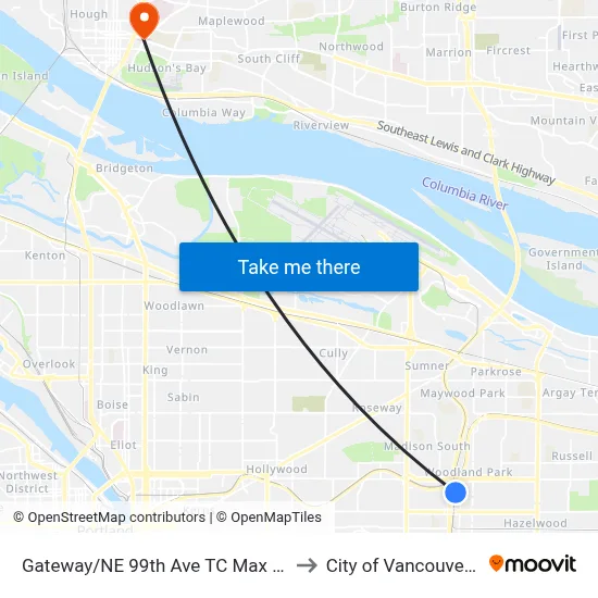 Gateway/NE 99th Ave TC Max Station to City of Vancouver, WA map