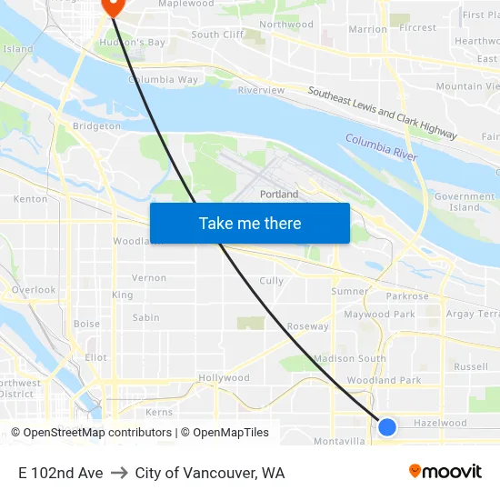 E 102nd Ave to City of Vancouver, WA map