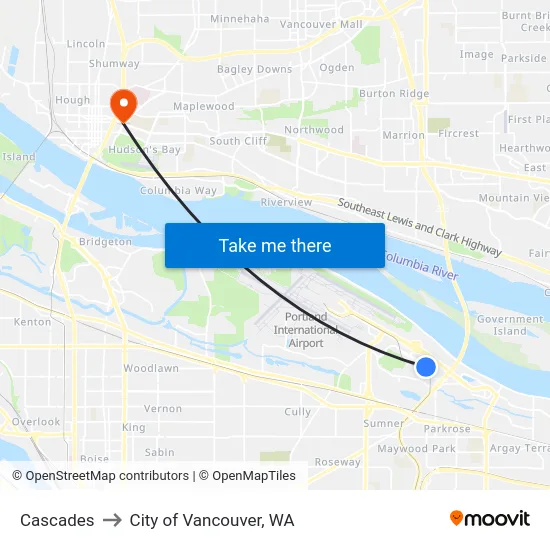 Cascades to City of Vancouver, WA map